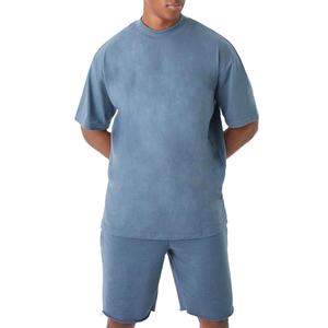 Conjunto de Verano de Alta Calidad para Hombre, Camiseta con Cuello Redondo y Pantalones Cortos, 100% Algodón, Felpa, Lavado Ácido, Transpirable, Diseño Liso - Product Image 6