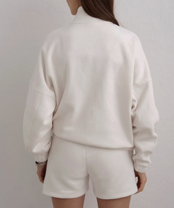 Women's White <b>Cropped</b> <b>Zip</b>-<b>Up</b> Sweatshirt Set Embroidered Logo Casual Summer Wear Full Sleeve Knitted Cotton Shorts - Product Image 3