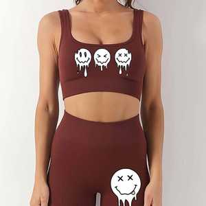 Conjunto de Yoga para Mujer con Estampado de Cara Sonriente, Top Corto Deportivo y Leggings de Cintura Alta, 2 Piezas, Ropa Deportiva de Spandex y Poliéster - Product Image 4