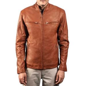 Chaqueta de Cuero Marrón Icónica para Hombre, Prenda Exterior de Piel de Oveja Auténtica con Cierre de Cremallera, Cuello de Banda y Múltiples Bolsillos - Product Image 2