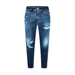 Tapered Fit Men's Denim Jeans Dark Indigo Minimal Distressed <b>Knee</b> Rip Cotton Stretch Casual Streetwear Fashion Trousers - Product Image 5