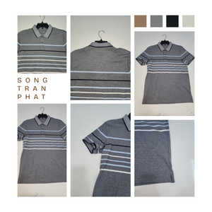 Polo à manches courtes rayé gris pour homme, en coton tricoté, décontracté, respirant, coupe classique, fabriqué en usine au Vietnam - Product Image 6