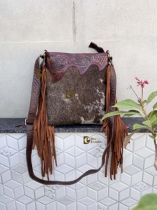 Western Pattern Hand Tooled Carving Handbag Designer Cowhide Fur Leather Gypsy Boho Vintage Fringe Shoulder Bag Stylish Bags - Product Image 4