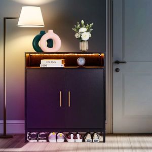FCH 6-Layer Double Door Shoe Cabinet 80*38*90cm Black High Foot LED Lights Particle Board Elegant Shoe Rack - Product Image 2