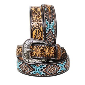 Cinturones de Cuero Vacuno de Grano Completo de Alta Calidad, Color Turquesa, con Costuras Decorativas, Estilo Western Rodeo, 3.8cm, Sólidos y Duraderos - Product Image 1