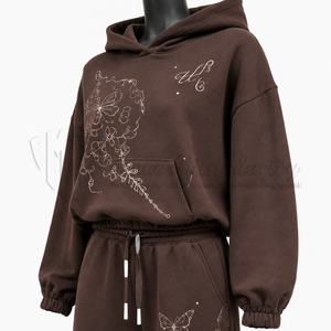 Conjunto Deportivo con Capucha para Mujer, Color Marrón, Manga Larga, Bordado Floral, Corte Holgado, Estilo Casual para Otoño, con Pantalones con Cordón - Product Image 6