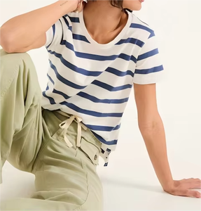 T-shirt en tricot rayé à manches courtes pour femme, coupe slim décontractée, 100% coton, avec impression numérique - Product Image 1