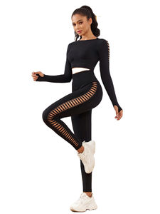 ชุดโยคะผู้หญิงแบบ 2 ชิ้น สีพื้น ขายส่ง รับทำโลโก้ OEM คุณภาพสูง ไซส์ใหญ่ ชุดออกกำลังกาย - Product Image 4