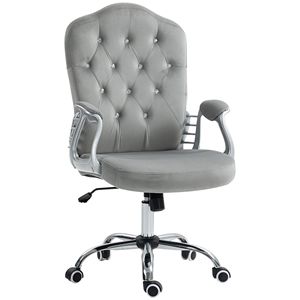 Sedia da Ufficio Girevole in Velluto Grigio Chiaro con Bottoni Trapuntati, Altezza Regolabile e Ruote Facili da Spostare - Product Image 1