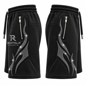 <b>Men's</b> Black Rhinestone Polyester/Cotton Mid Waist Elastic <b>Shorts</b> Drawstring <b>Zip</b> <b>Pockets</b> Breathable Summer Sporty Style - Product Image 3