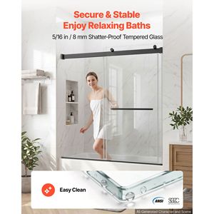 Porte de douche coulissante sans cadre 60"W x 60"H noire en verre trempé transparent de 5/16" pour baignoire à double coulissement - Product Image 2