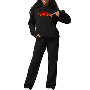 <b>Women's</b> 2 Piece Sweating Long Hoodie Sweatshirt Sweatpants <b>Set</b> Black Custom Logo Casual <b>Thermal</b> Lined 100% Cotton Tracksuit - Product Image 1
