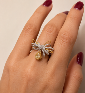 Bague de cocktail traditionnelle en laiton bicolore de luxe avec nœud papillon et pierre de zircon ronde, ajustable, cadeau de mariage pour femme, bijoux - Product Image 2