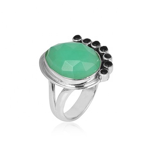 Natural Chrysoprase & Black Onyx <b>Statement</b> <b>Ring</b> 925 Sterling <b>Silver</b> Vintage Green Gemstone Boho Chunky <b>Ring</b> - Product Image 1