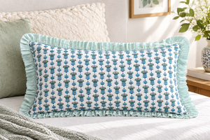 RIDHI Wholesale Eco-Friendly Customizable Cotton Ruffle Floral Western Throw Pillow <b>Cover</b> Set Aqua Blue Removable Washable - Product Image 2