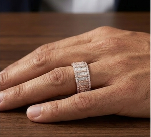 Luxury Mens Diamond <b>Ring</b> 14K White Gold Hip Hop Baguette <b>Iced</b> Out Band Premium Statement Jewelry for Men Party Wear - Product Image 4