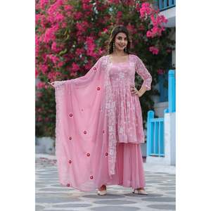 El último conjunto de Sharara de Top de trabajo con bordado Georgette Resham rosa para mujer con Dupatta que incluye Top Sharara Dupatta - Product Image 1