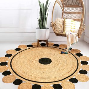 Natural Jute <b>Round</b> Area Rug Black Border Circle Design Hand Braided Floor <b>Carpet</b> Handmade Boho Living Room Bedroom Rug - Product Image 1