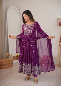 Thread Crafted Faux Georgette Anarkali Ensemble Enhanced With <b>Sequin</b> <b>Art</b> Matching Drape And Tailored Trouser Silhouette - Product Image 2
