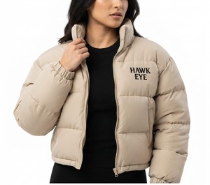 Chaqueta corta acolchada de moda para mujer, abrigo de invierno con cuello alto y cremallera completa, ropa de calle a la moda, color beige. - Product Image 4