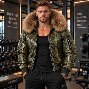 <b>Men's</b> Python Leather Zip Jacket with Luxurious Fur Hood Designer Streetwear <b>Coat</b> | Herren Lederjacke | Chaqueta Hombre Cuero - Product Image 1