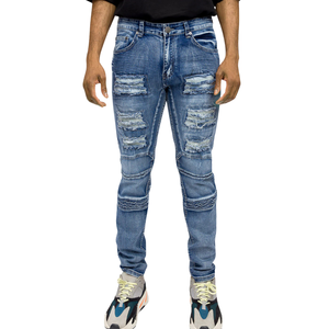 Pantalons en denim stretch déchirés à panneaux côtelés de style moto pour hommes, look motard tendance, streetwear décontracté, vente en gros OEM ODM - Product Image 1