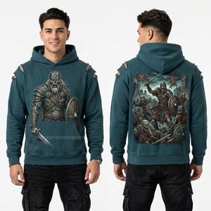 Sweat à capuche épais pour homme, motif squelette viking vieilli, bleu sarcelle délavé à l'acide, streetwear, épaules déchirées, fabricant sur mesure - Product Image 1
