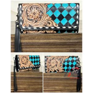 Cartera de Cuero Vacuno con Diseño Floral a Cuadros, Estilo Bohemio Vintage, Hecha a Mano, con Correa para la Muñeca, Ideal para Damas - Product Image 1