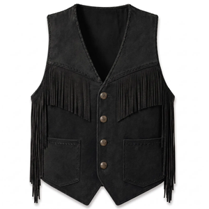 Chaleco Negro con Flecos para Mujer, Estilo Occidental Bohemio con Decoración de Borlas, Largo Regular, Color Sólido - Product Image 2