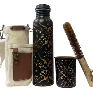 Authentic Textured Black Copper <b>Bottle</b> Tumbler And <b>Brush</b> Kit Eco-friendly Portable Multi-Use Home Use with Coaster Lids - Product Image 5