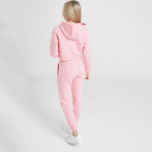 Custom Womens Pink Half <b>Zip</b> Crop Hoodie Tracksuit Fleece Jogger Gym Wear 2 Piece Set Wholesale Crop Top Hoodie & Jogger Suit Set - Product Image 4