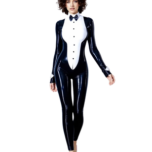 Women's Black PU Coated <b>Jumpsuit</b> Long Sleeve Turtleneck High Waist Full Length Bodycon Fit Spandex Nylon Clubwear - Product Image 1