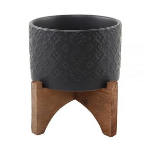 Metal Flower <b>Pot</b> with Gold Leaf Pattern Glazed Finish on Wooden Stand for Indoor Plants Modern Minimalist Style - Product Image 5