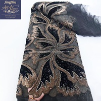 Tela de Tul Bordada con Lentejuelas y Cuentas Florales en Color Borgoña y Negro, para Vestidos Nigerianos Aso Ebi, Boubou y Kaftan