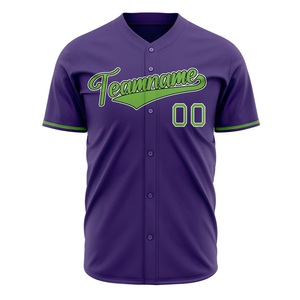 Camiseta de béisbol morada personalizada con ribete verde, estampado sublimado, nombre del equipo 00, camisa de manga corta con botones para hombres adultos - Product Image 3