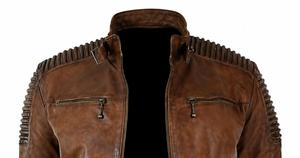 Veste de moto en cuir véritable marron pour homme de qualité supérieure, fermeture éclair, coupe ajustée, pour l'automne - Product Image 2
