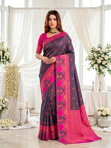 Sari de Seda con Estampado Digital Rosa y Morado de AARA Fashion, para Mujer, Tradicional, Largo hasta el Suelo, Sin Arrugas, Corte Regular, para Bodas - Product Image 4