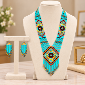 Ethnic Turquoise Beaded Fine <b>Bridal</b> <b>Necklace</b> <b>and</b> <b>Earrings</b> <b>Set</b> for Women Geometric Jewelry - Product Image 2