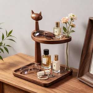 Support de rangement double niveau en bois abordable avec motif chat pour cosmétiques et accessoires, style minimaliste, type sur pied - Product Image 3