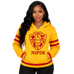 Sudadera con Capucha de Manga Larga PDK para Mujer, Dorado y Rojo, Emblema de Antorcha con Libro Abierto 1923, Brazos Rayados, Sudadera con Capucha Tipo Pullover, Ropa Griega de Hermandad - Product Image 1