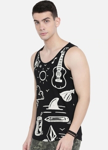 Camiseta sin mangas negra estampada para hombre, cuello redondo, informal, transpirable, estilo de punto de algodón - Product Image 4