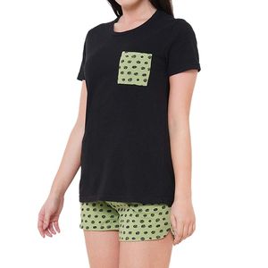 Camiseta de Manga Corta Negra para Mujer, Moderna, con Bolsillo con Punto Verde, Cuello Redondo Informal, 100% Algodón, Transpirable, para Primavera/Verano - Product Image 1