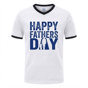 เสื้อยืดคอวีวันพ่อแสนสุข เสื้อยืดลำลองผ้าฝ้ายแขนสั้นสำหรับผู้ชายพร้อมขอบตัดสี - Product Image 1