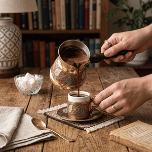 Handmade Brass <b>Turkish</b> Coffee <b>Pot</b> Floral Enamel Cezve Arabic Ibrik Greek Briki Stovetop Milk Warmer With Carved Dark Wood Handle - Product Image 2