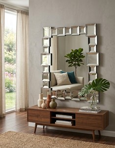 Round Wall Mirror <b>Block</b> Design Decorative Mirror for Bathroom Bedroom Living Room Modern | Stylish Wall <b>Mounted</b> Home 32 Inches - Product Image 1