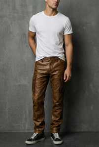 Pantalon en cuir d'agneau brun vieilli pour homme, finition cirée faite à la main - Product Image 2