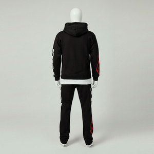 Conjunto Deportivo Unisex Negro con Capucha, Transpirable, 2 en 1, Estampado a Cuadros con Llamas, Sudadera de Algodón y Pantalones Jogger, Ropa de Otoño - Product Image 3