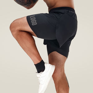 Custom Men's Polyester Spandex Double <b>Layer</b> Quick Dry Breathable Eco-Friendly Drawstring Closure <b>Mid</b> Waist Gym Training Shorts - Product Image 1