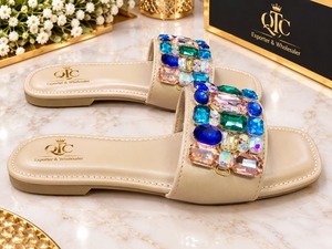 Mules plates beige à strass, sandales ouvertes, doublure en PU, tendance mode estivale, chaussures pour femmes - Product Image 4