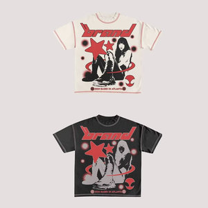 เสื้อยืดแขนสั้นผู้ชายทรงปกติ สไตล์สตรีท พิมพ์ลาย คอกลม ผ้าฝ้ายเจอร์ซีย์ 100% แต่งขอบสีตัดกัน สีดำขาว - Product Image 1